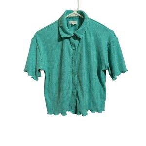 Colsie Women's Button Front Short Sleeve Green Ribbed Blouse - XS